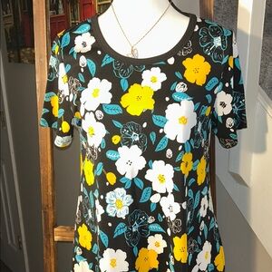 LuLaRoe Floral Midi Dress in Navy Blue, Yellow, and White